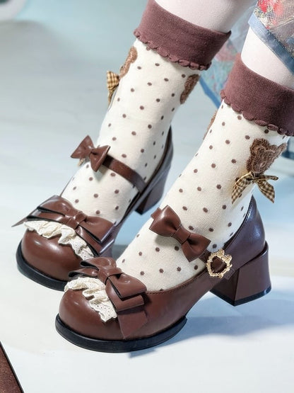 Toe Sweet Bows with Shoes Brown Jane Lolita Delicate Low-heel/Mid-heel Mary for Lace Round in