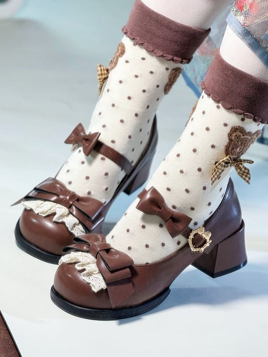 Toe Sweet Bows with Shoes Brown Jane Lolita Delicate Low-heel/Mid-heel Mary for Lace Round in