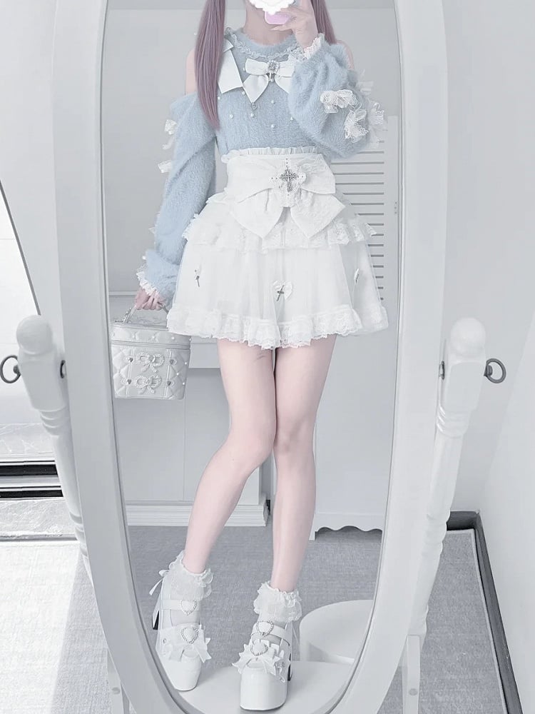 Light Blue Open Shoulder Jirai Kei Sweater - Lace Bow Sleeve with Delicate Beadwork