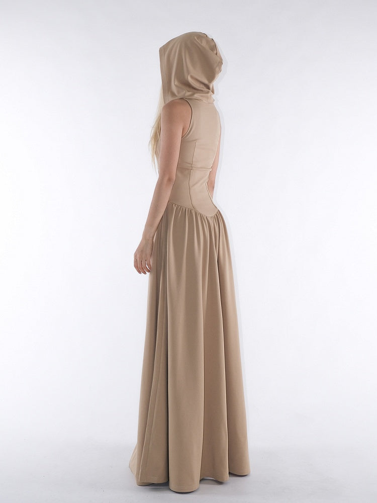 with Hooded Dress Wasteland Floor Khaki Waist Length Design Faux Punk Fishbone