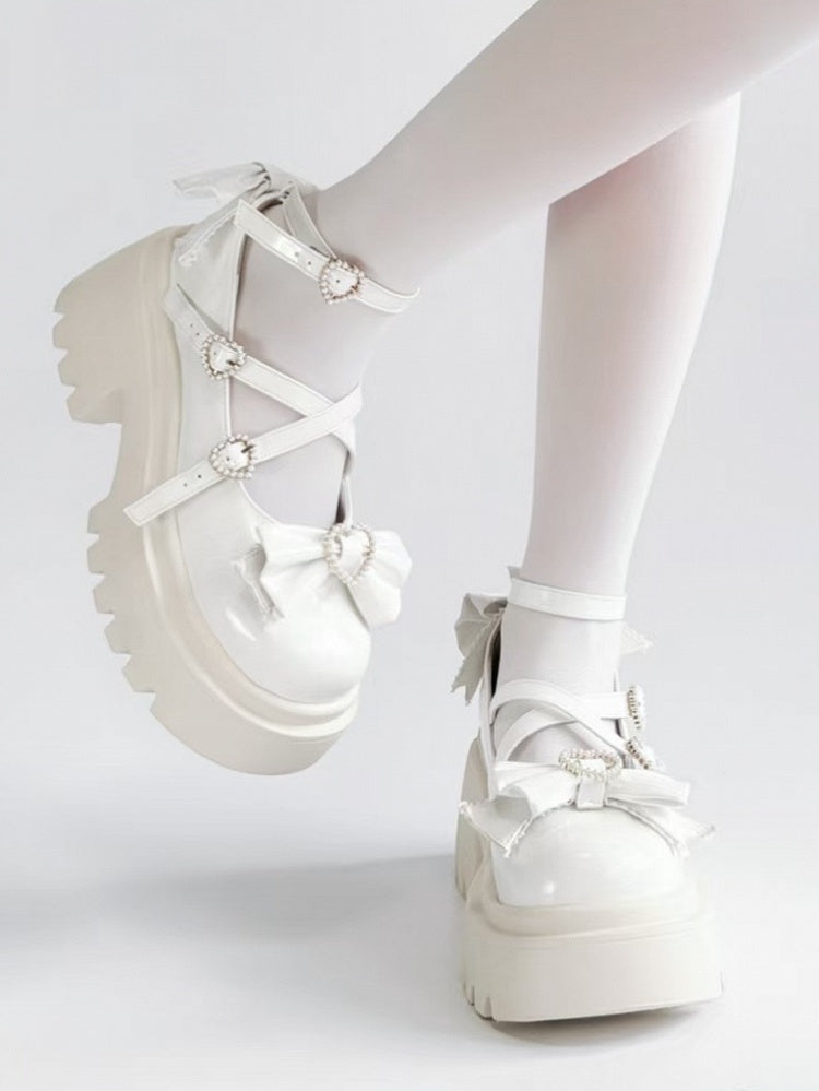 White Heart Platform Fastener Sweet Lolita Bow High Block with in Design Heels Accents Crisscross