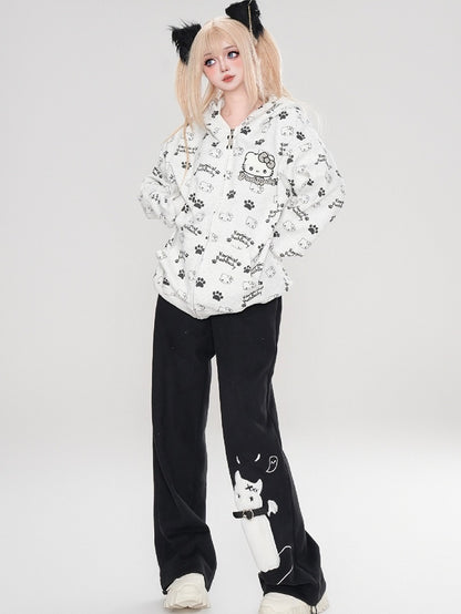 Schwarz/Rosa/Hellblauer Kapuzenpullover mit Kätzchen-Allover-Print