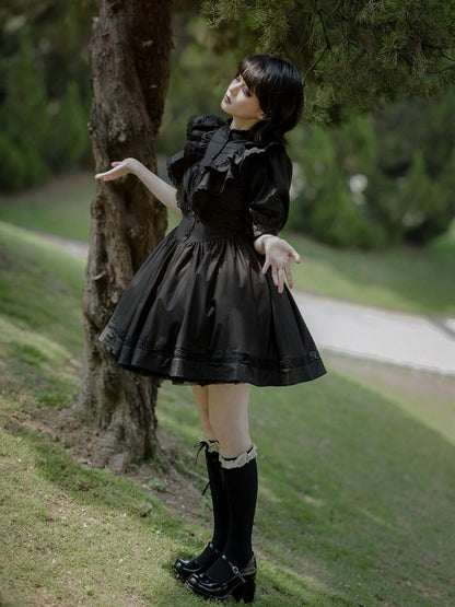 Vintage Black Lace-Trimmed Short-Sleeve OP Dress