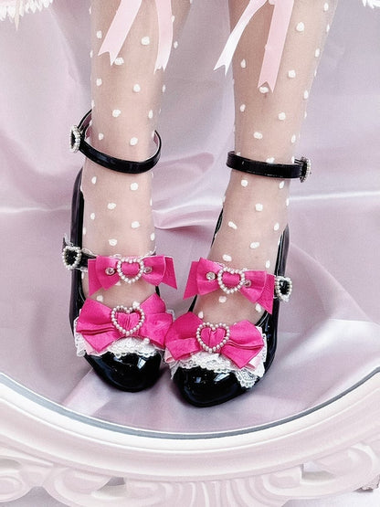 Jirai Fashion Pink and Janes Black Heels Kei Shoes Heart Wedge Cut-out Gyaru Mary