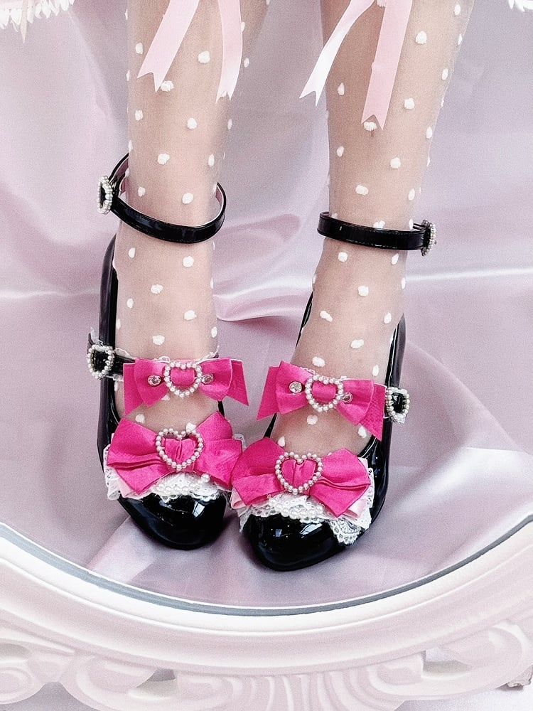 Pink Shoes Jirai Heels Cut-out Janes and Black Fashion Kei Wedge Gyaru Mary Heart