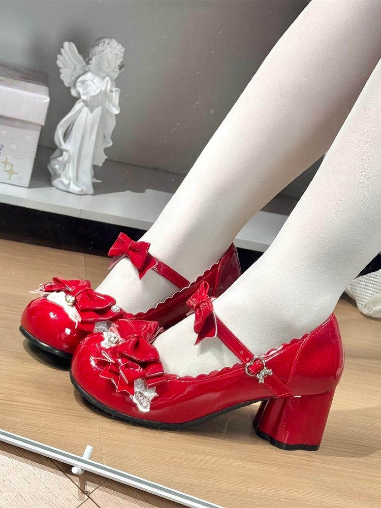 Kawaii 5cm Bear Pattern Heel Red Round Toe Shoes with Bell Pendant & Bowknot Accents