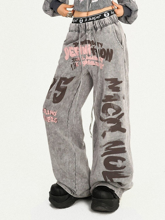 Casual Gray Vintage Wide Leg Trousers with Letter Print Pattern