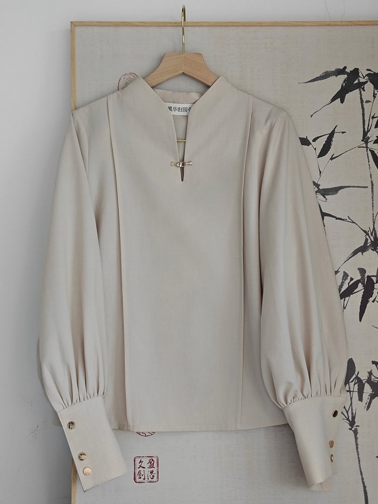 Balloon Blouse Beige Sleeves Snap Style Chinese with Fastener