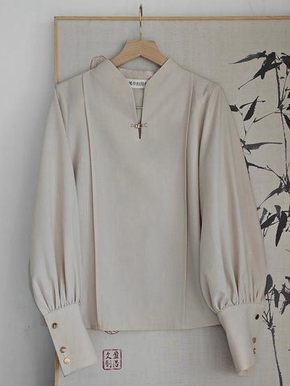 Balloon Blouse Beige Sleeves Snap Style Chinese with Fastener