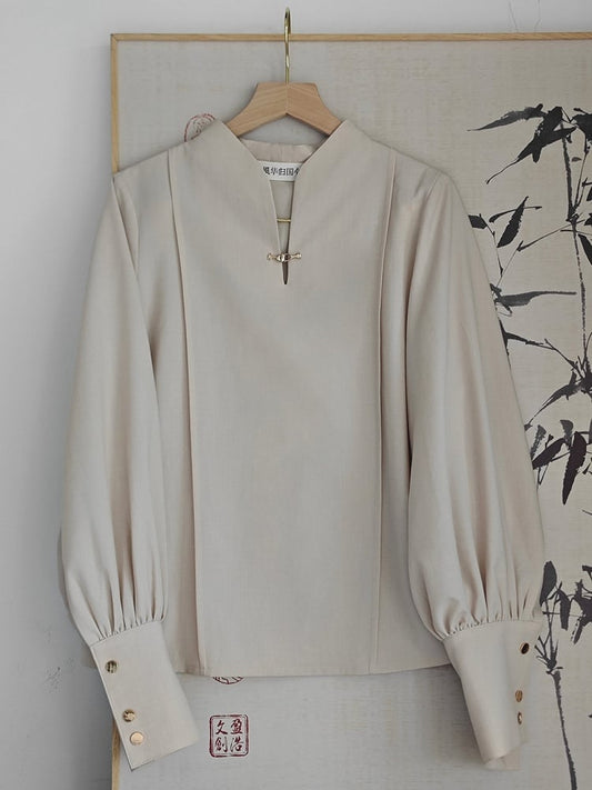 Balloon Blouse Beige Sleeves Snap Style Chinese with Fastener