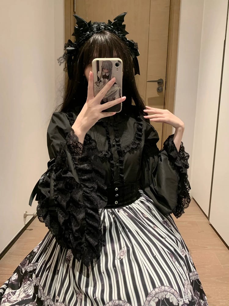 Layered Black Lolita Cotton Gorgeous Lace Bell Sleeves Blouse