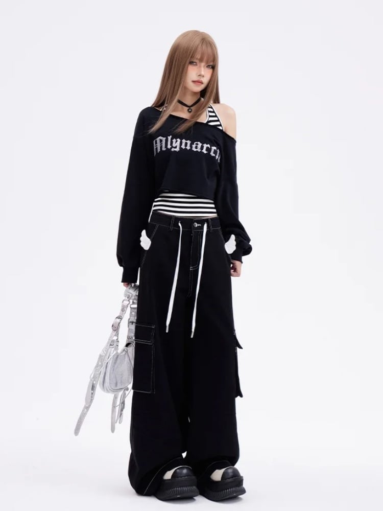 Glamorous – Kurzes schwarzes Sweatshirt mit asymmetrischem Ausschnitt und Buchstabenstickerei