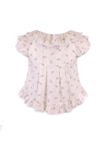 Dollcore Blouse Beige Floral  Ruffle Trim Print With