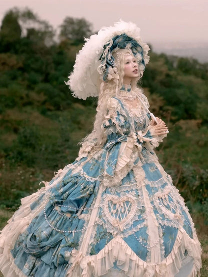 with Sleeves Sweetheart and Ruffle Layers Bell Applique Gorgeous Blue Gown Hime Lolita Beaded Lace