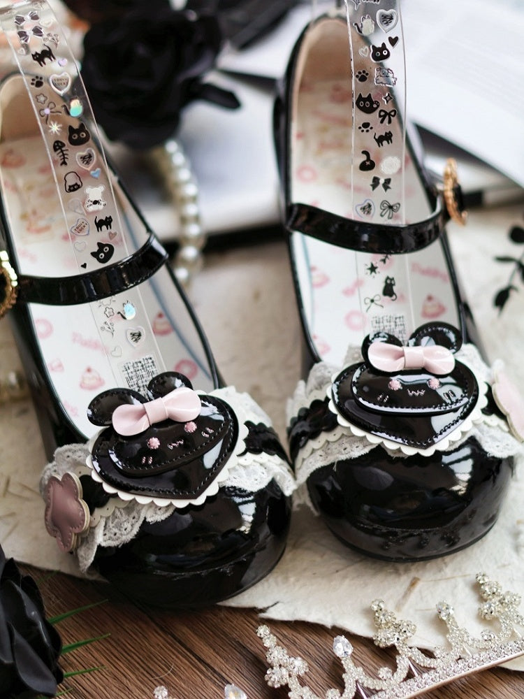 PU Motifs in Cute Rabbit with Low-heel Lace Black Mary Bunny Janes Trim