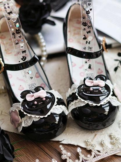 PU Motifs in Cute Rabbit with Low-heel Lace Black Mary Bunny Janes Trim