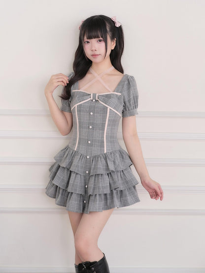 Gray Plaid Halter Tiered Ruffle Dress and Shorts Ensemble - No Genki