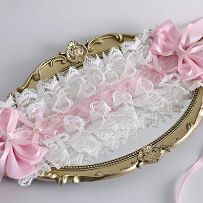 Pink And White Sweet Lolita Lace Trim Bowknot Hairband With Clips