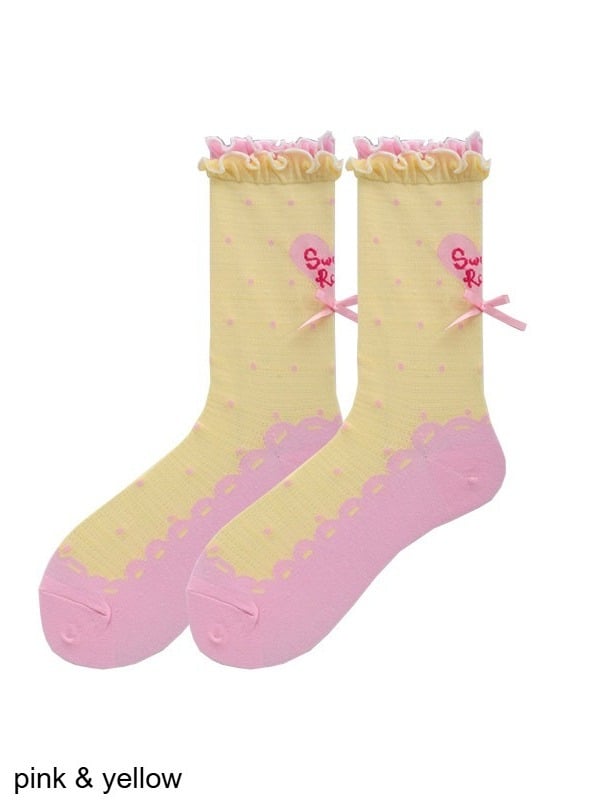 Polka Dot Heart Ankle Socks with Ruffle Lace Trim, 8 Colors - ROJI ROJI