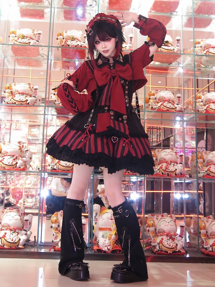 JSK Collar and Ears Red Dress Gothic Sailor Striped Pattern Big + Kitty Bow Top Lolita Black Cropped