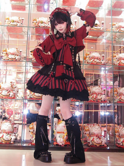 JSK Collar and Ears Red Dress Gothic Sailor Striped Pattern Big + Kitty Bow Top Lolita Black Cropped
