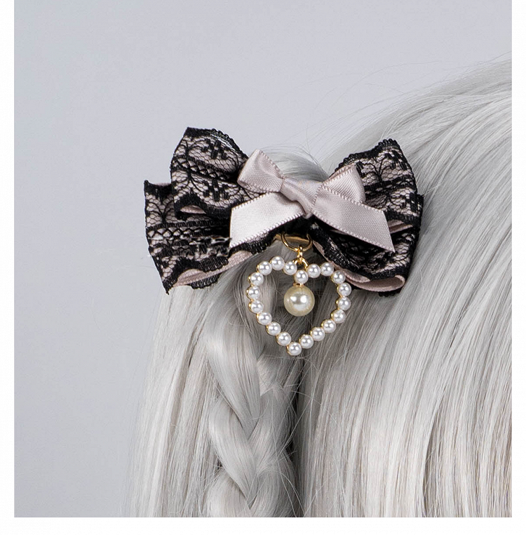 5色のビーズハートチャーム ジライケイ レースリボンヘアクリップ