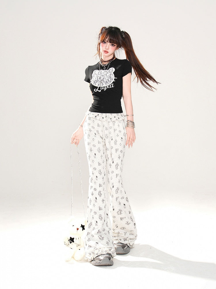Gray Glamorous Kitty and Cross Print Drawstring Flared Pants Waist