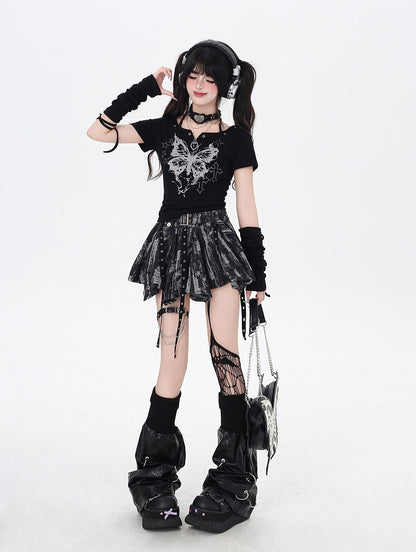 バタフライプリントホルターネックTシャツアームウェア（ブラック/ホワイト）