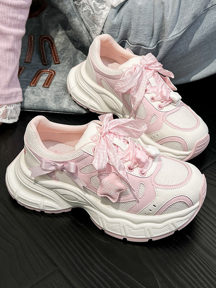 Design - Pink Lolita Platform Sneakers Lace-Up Star with Sweet Accents White Bow Plaid