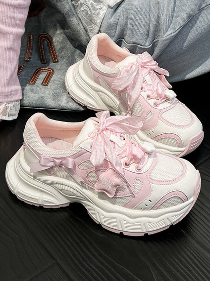 Design - Pink Lolita Platform Sneakers Lace-Up Star with Sweet Accents White Bow Plaid