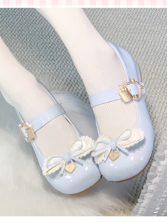 Schleife mit Design Cake Blue - Absatz Layered Lolita Schuhe Schnalle Pumps Light Low Cute
