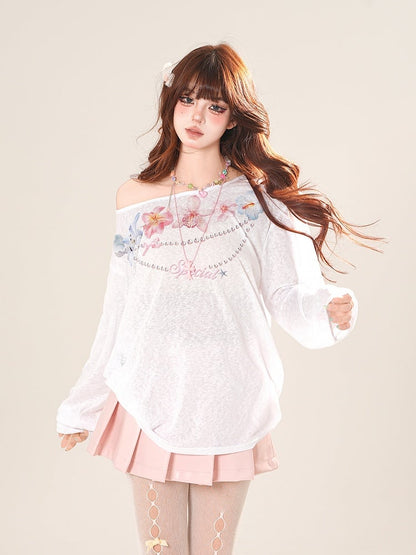 カバーアップ ホワイト アシンメトリーネックライン 花柄 セミシアー