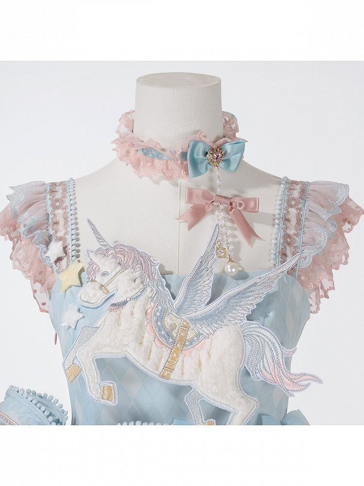 Amusement Park Themed Sleeveless Lolita Frock in Sweet Pink & Blue with Lace Choker - Xiong Dou Jiang