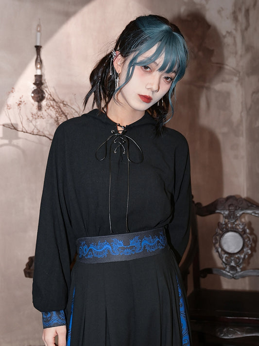 Detail at Lace-up Black and Blue Hoodie with Front