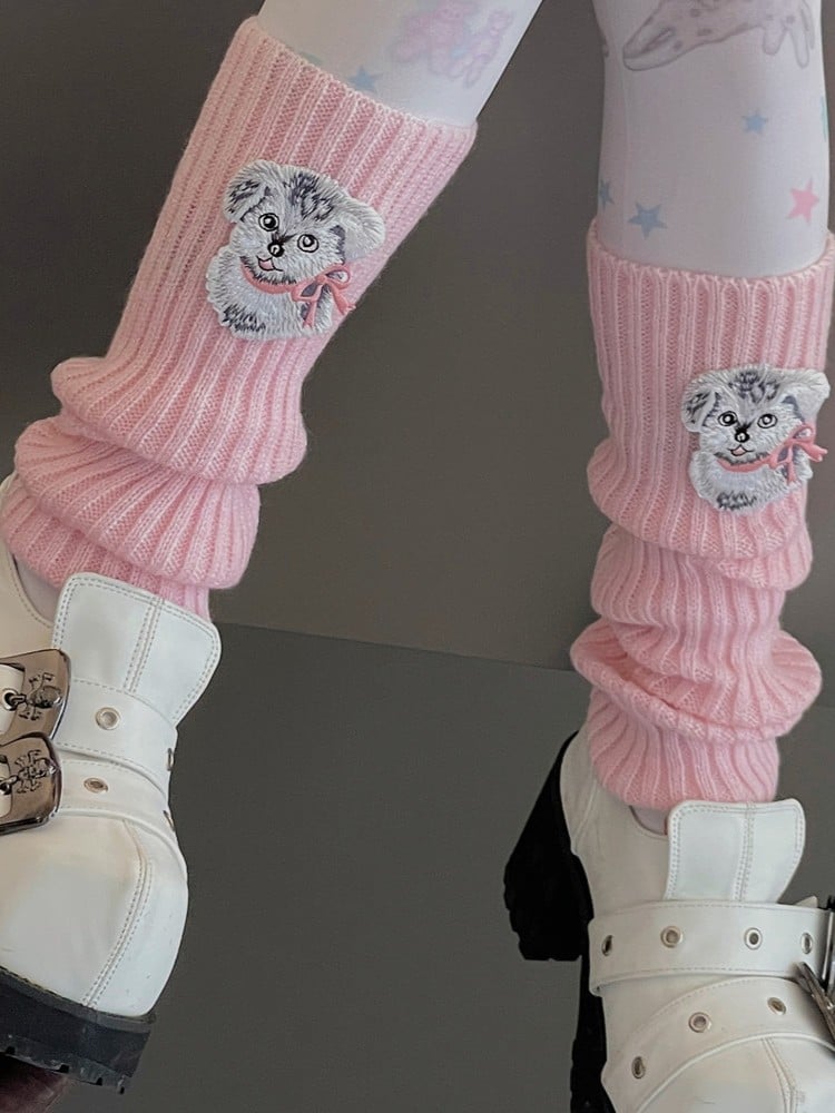 Pink Knitted Leg Warmers With Dog Patch