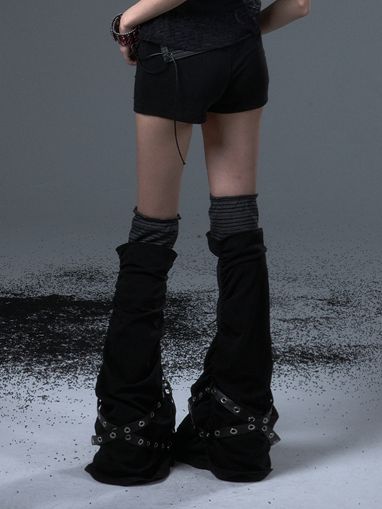 Lace-Up Black Leg Belts Warmers Punk with Studded Metal Knit