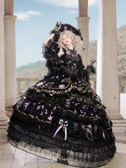 Floor-Length Black & Purple Hanayome Hime Dress with Butterfly and Flower Accents - Cat Fairy Lolita