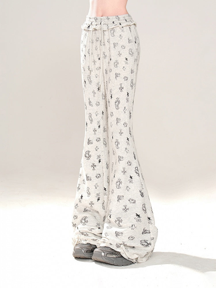 Gray Glamorous Kitty and Cross Print Drawstring Flared Pants Waist