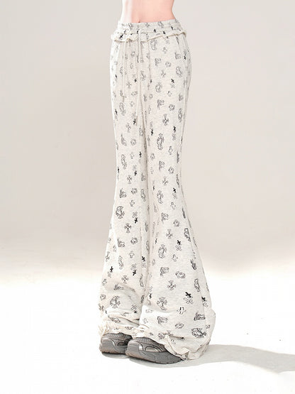 Gray Glamorous Kitty and Cross Print Drawstring Flared Pants Waist