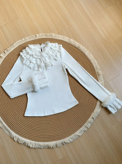 Knit Layered with Ruffles Soft Lolita and Top White for Warm Autumn/Winter
