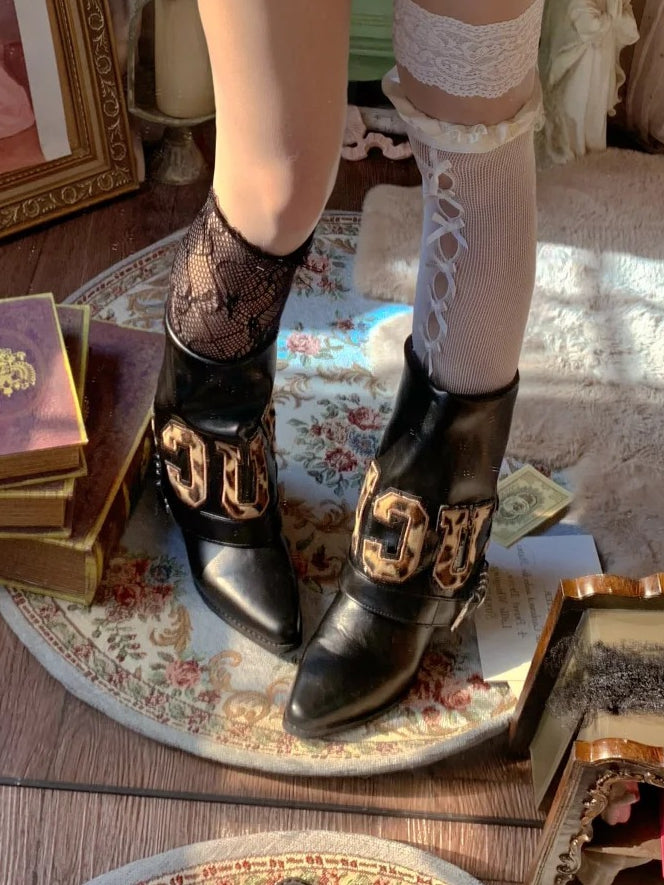Toe Pointed Mid-Heel Leopard Black Letter - Patches Boots Print