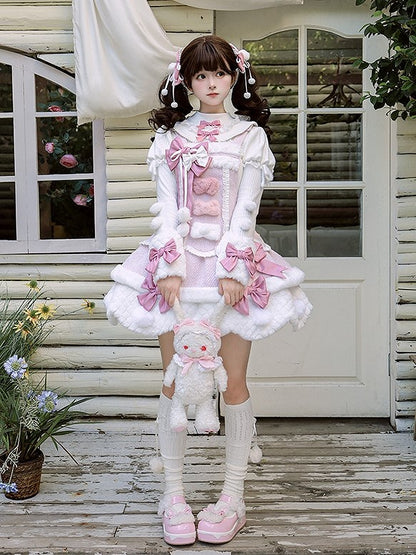 Pom-Poms Pink mit Lolita-Overall-Besatz, gewelltes süßes Kleid, weißer Schleifenrand und