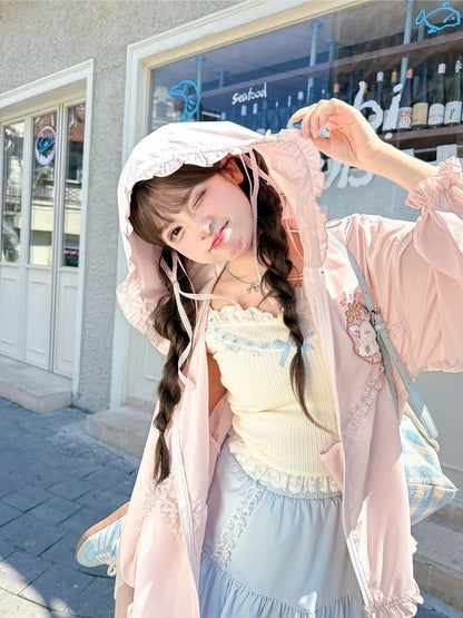 レース ゆめかわいい ピンク ストロベリーアップリケ ジャケット 蝶結び 日焼け防止 フード付き