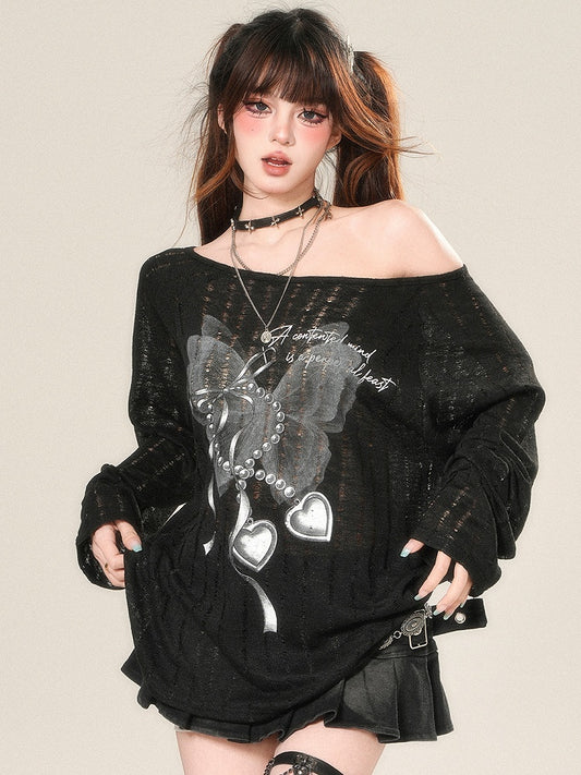 Top Schwarz Glamorous Bittersweet Schutz Ärmel Lange Schmetterling Druck Sonne