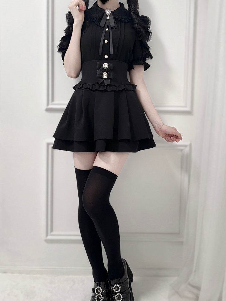 Trim Kei Lace Jirai Cutout Bow Peter Collar Tie Shoulder with Blouse Pan Black