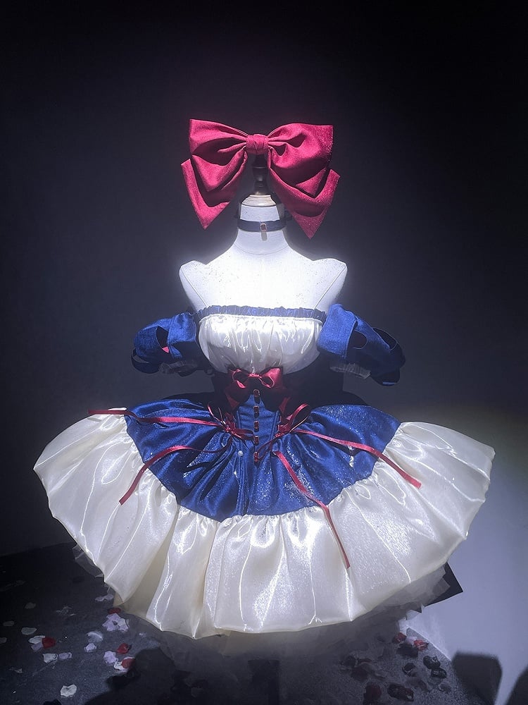 Waist Large Ribbon with Basque Blue Red Snow Accents Princess Bow and Balletcore White Vibes Dress