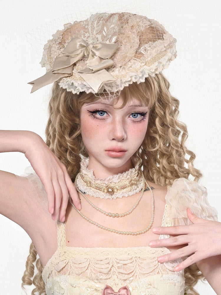 Apricot Flat Hat Bow Accent Mini Vintage