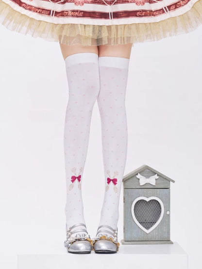White Polka-dot Spoon and Bow Pattern  Over Knee Stockings
