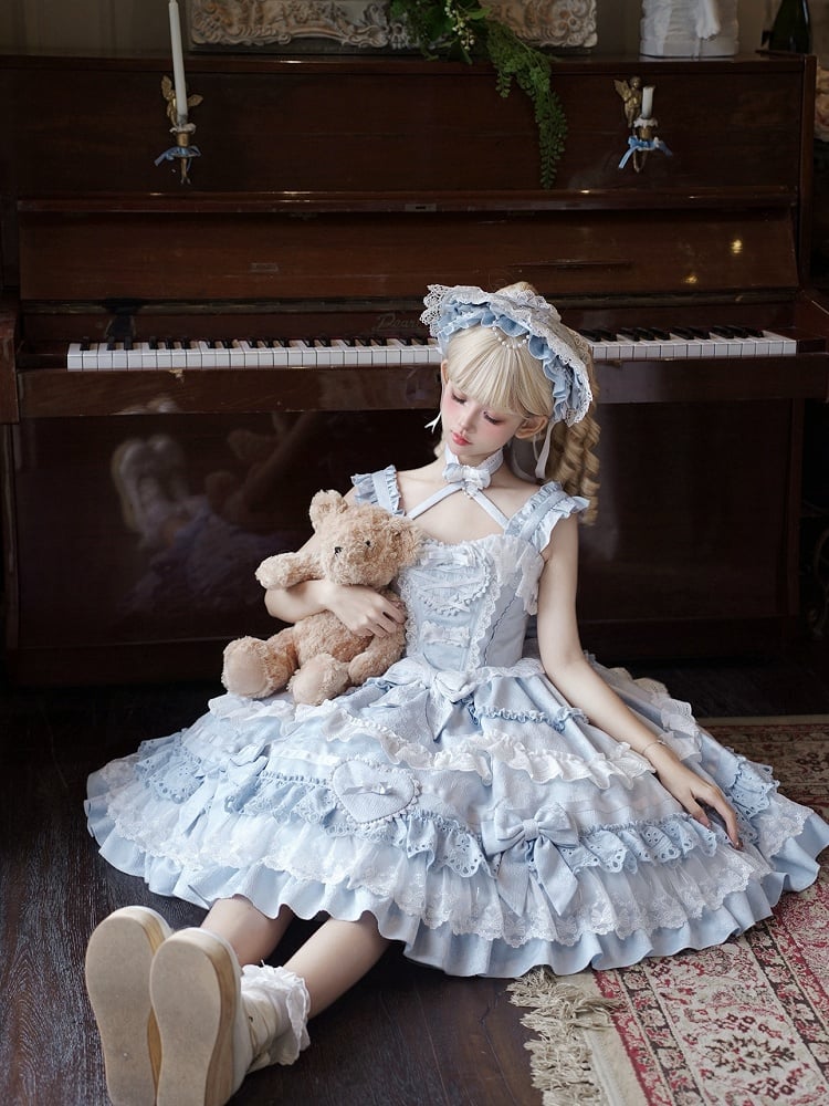 青と白のオールドスクールロリータドレス、リボンとハート型の装飾、プリンセスロリータジャンパースカート