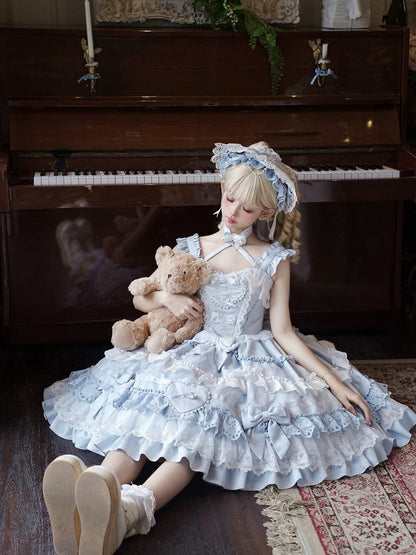 青と白のオールドスクールロリータドレス、リボンとハート型の装飾、プリンセスロリータジャンパースカート